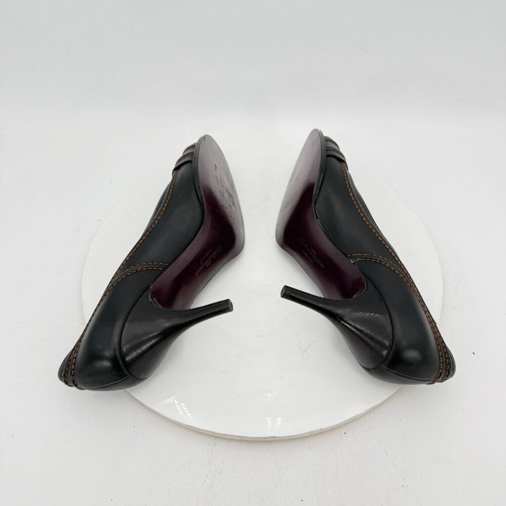 Salvatore Ferragamo Women Size 10B Brown Leather Belt Slip On Pump Heel Shoes - Picture 6 of 11